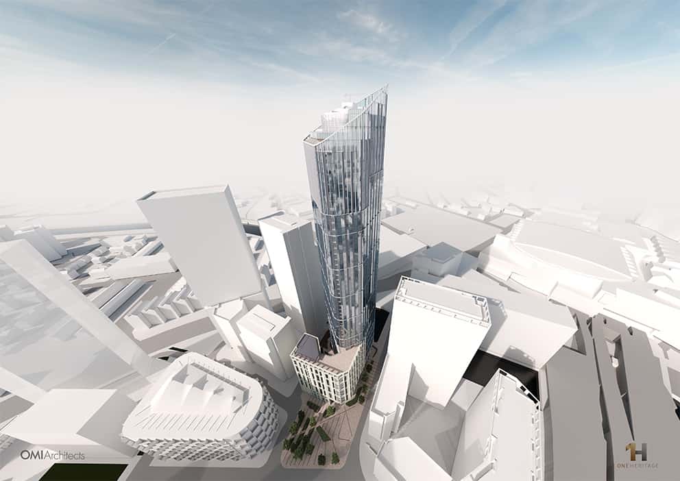 architect's visualisation of one heritage tower - aerial view 