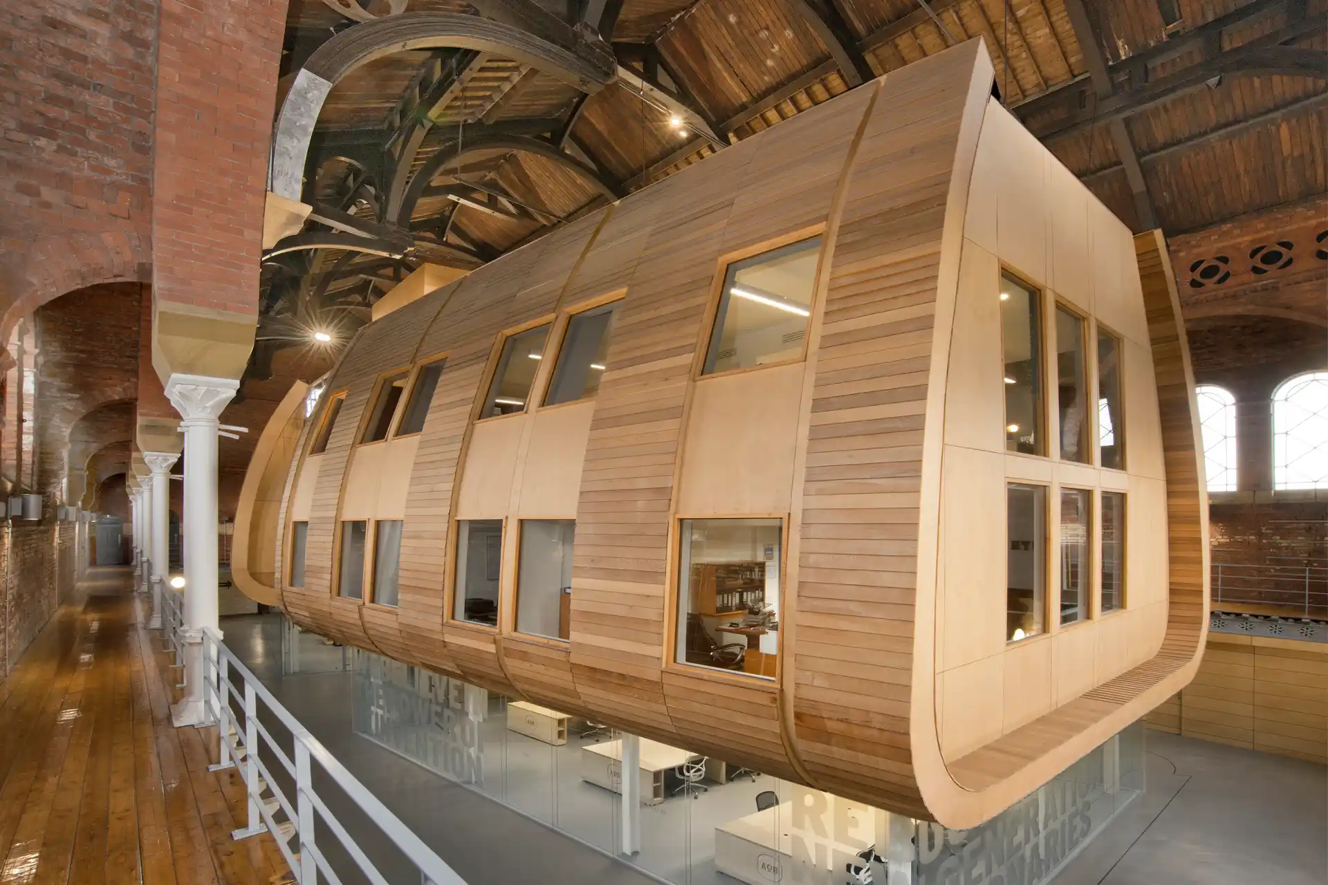 timber structure inside the main pool hall at ashton old baths