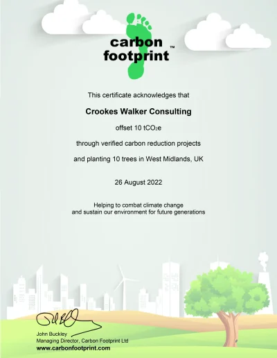 certificate showing 40 trees plated in the midlands in august 2022