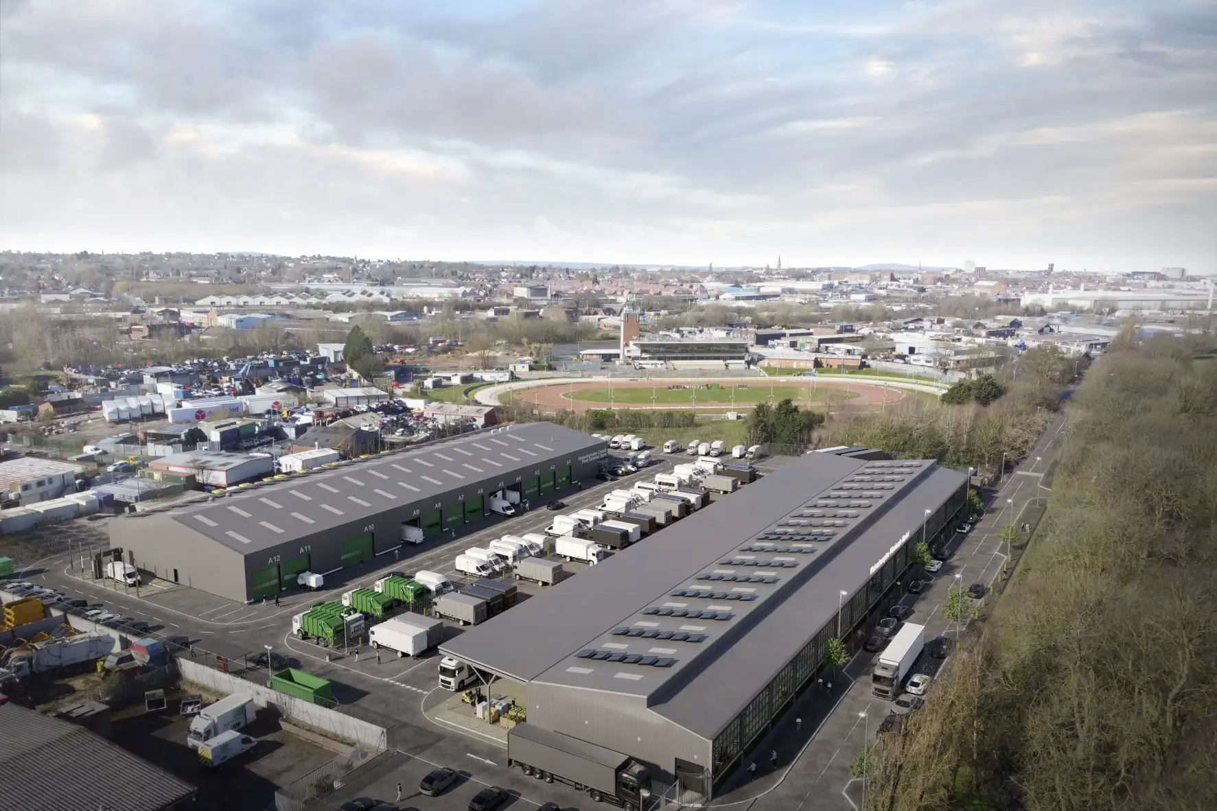 aerial view of wolverhampton wholesale market and fleet vehicle workshop